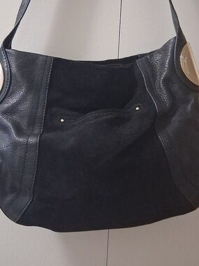 b. makowsky Black Leather Suede HOBO Purse with Gold Hardware